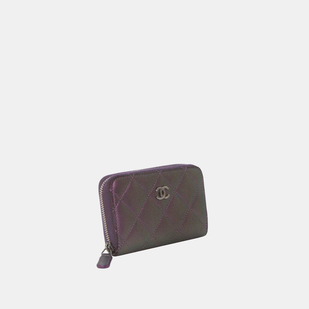 Chanel 2017-2018 Iridescent Purple Lambskin Quilted Zip Around Coin Wallet with Sliver Hardware