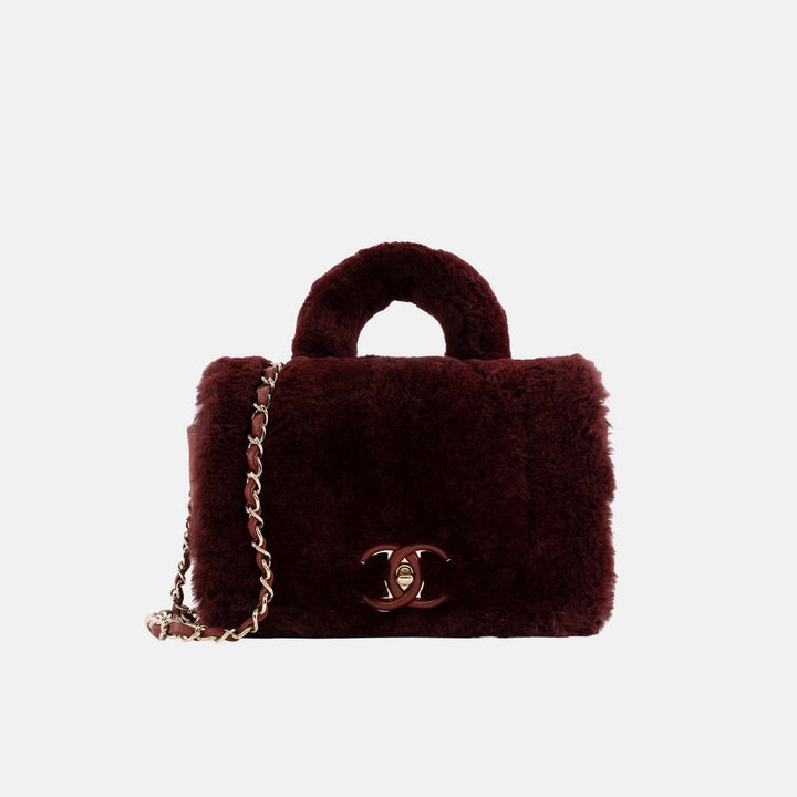 Chanel 2017 *Rare* Burgundy Metiers D'Art Lambskin/Rabbit Fur Top Handle Flap with Gold Hardware