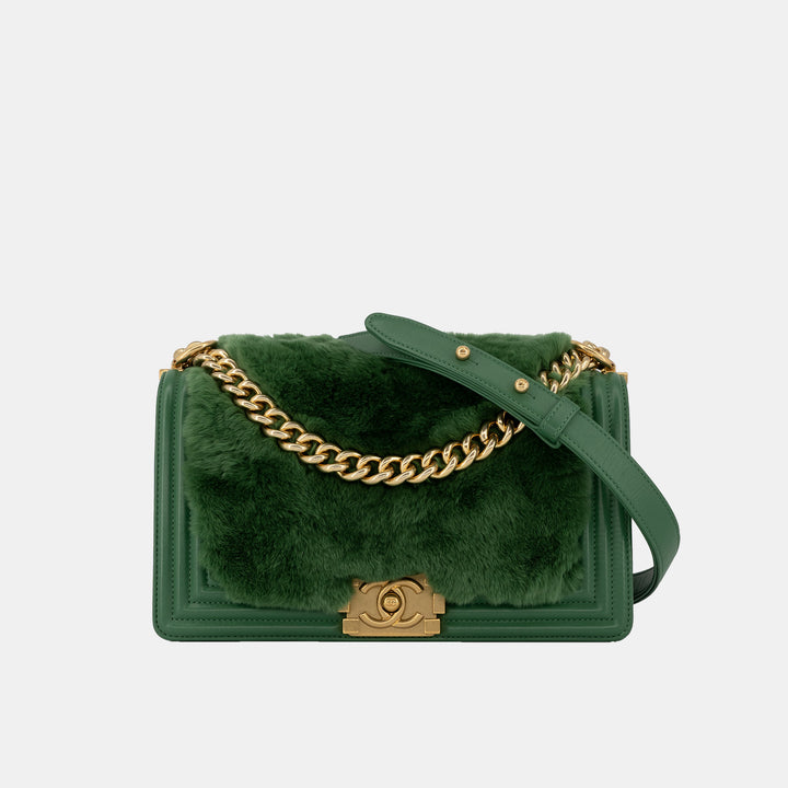 Chanel 2017 Rabbit Fur and Lambskin Medium Boy Flap Bag in Green with Gold Hardware