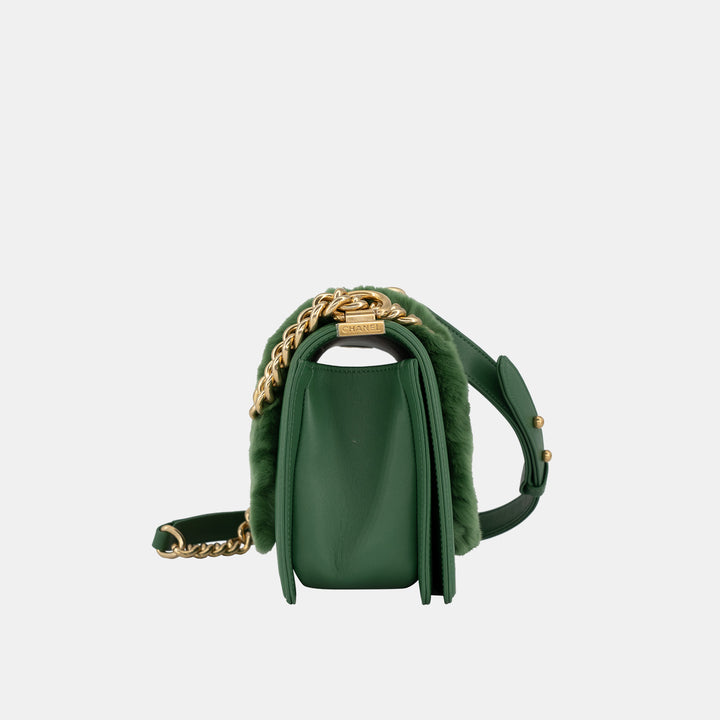 Chanel 2017 Rabbit Fur and Lambskin Medium Boy Flap Bag in Green with Gold Hardware