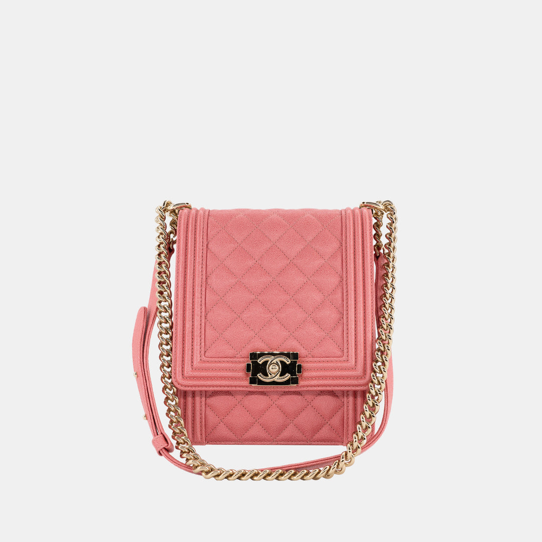 Chanel 2018-2019 Caviar Quilted North South Boy Flap in Pink and Gold Hardware