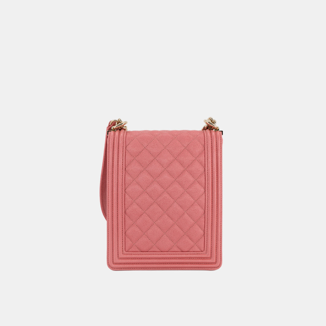 Chanel 2018-2019 Caviar Quilted North South Boy Flap in Pink and Gold Hardware