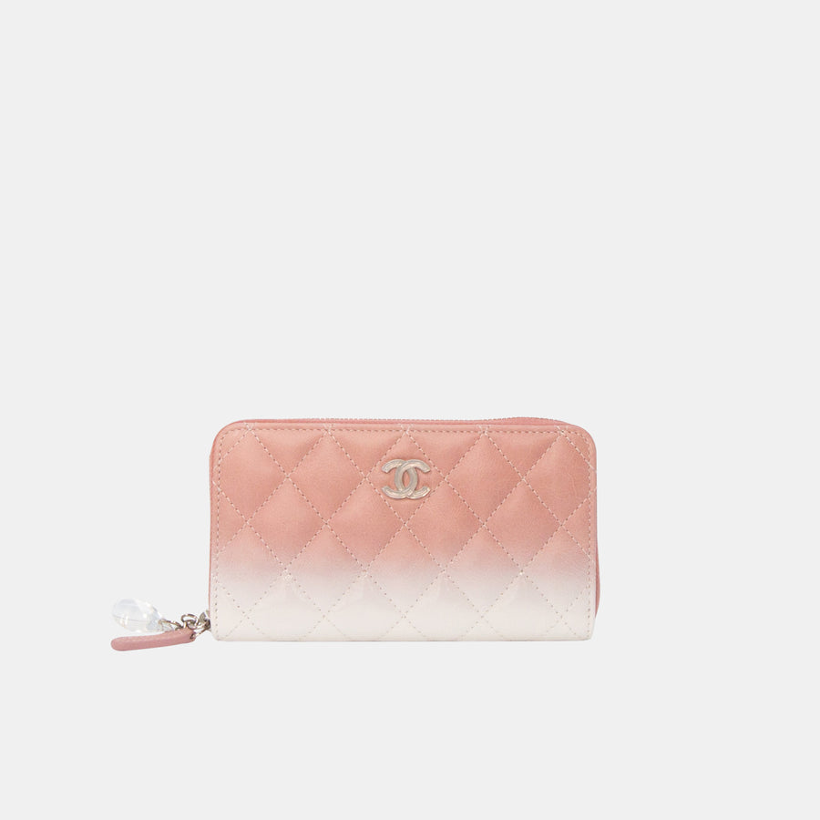 Chanel 2018-2019 Ombre Patent Leather Quilted Zip Around Wallet in Pink and White