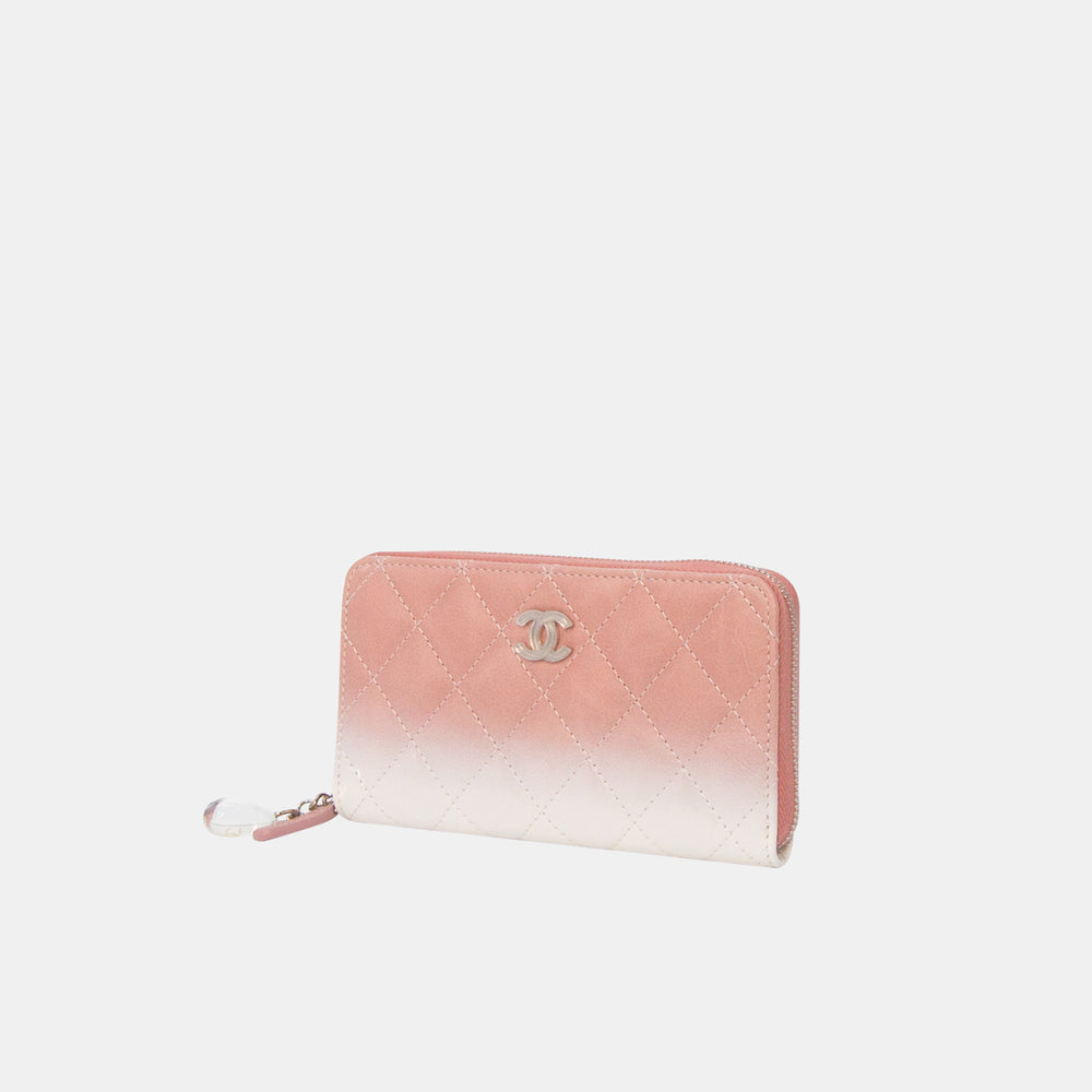 Chanel 2018-2019 Ombre Patent Leather Quilted Zip Around Wallet in Pink and White