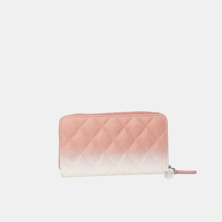 Chanel 2018-2019 Ombre Patent Leather Quilted Zip Around Wallet in Pink and White