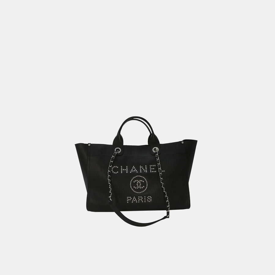 Chanel 2018 Caviar Studded Deauville Tote in Black with Sliver hardware