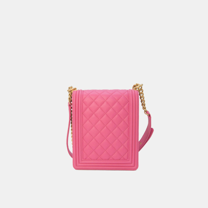 Chanel 2019 Lambskin North South Boy Flap Bag in Pink and Gold Hardware