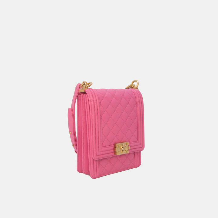 Chanel 2019 Lambskin North South Boy Flap Bag in Pink and Gold Hardware