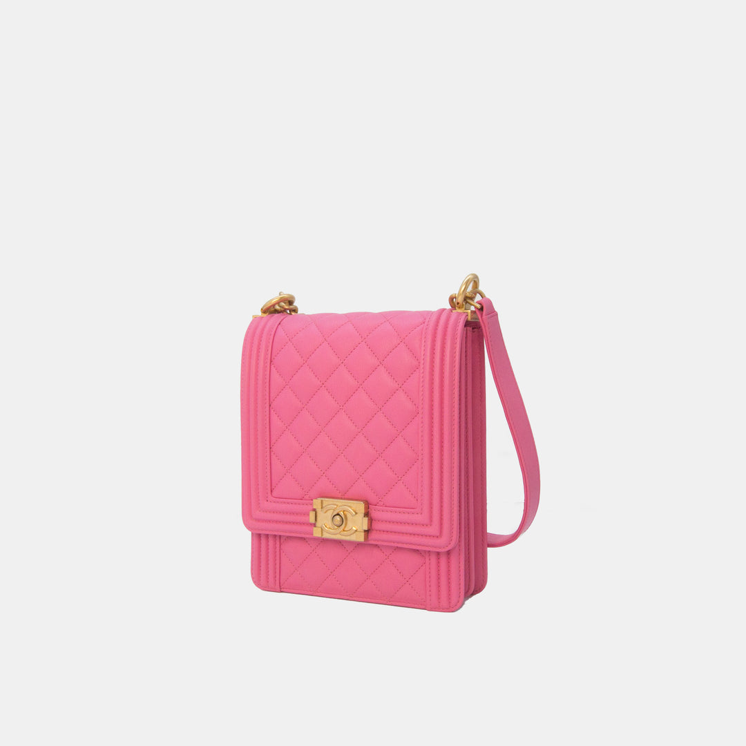 Chanel 2019 Lambskin North South Boy Flap Bag in Pink and Gold Hardware