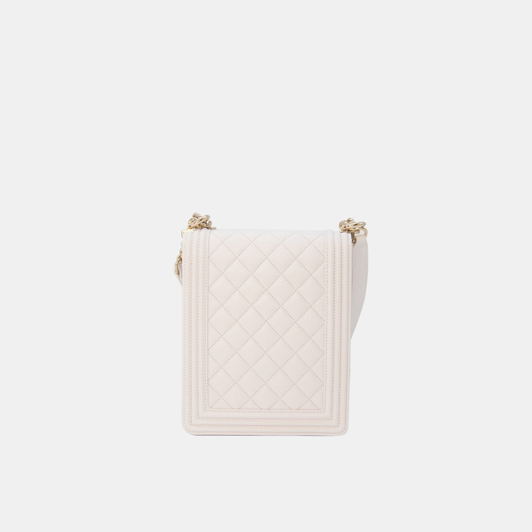 Chanel 2019 Lambskin North South Boy Flap Bag in White and Gold Hardware