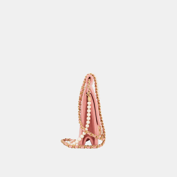 Chanel 2019 Lambskin Quilted Pearl Chain Flap Bag in Pink with Gold Hardware