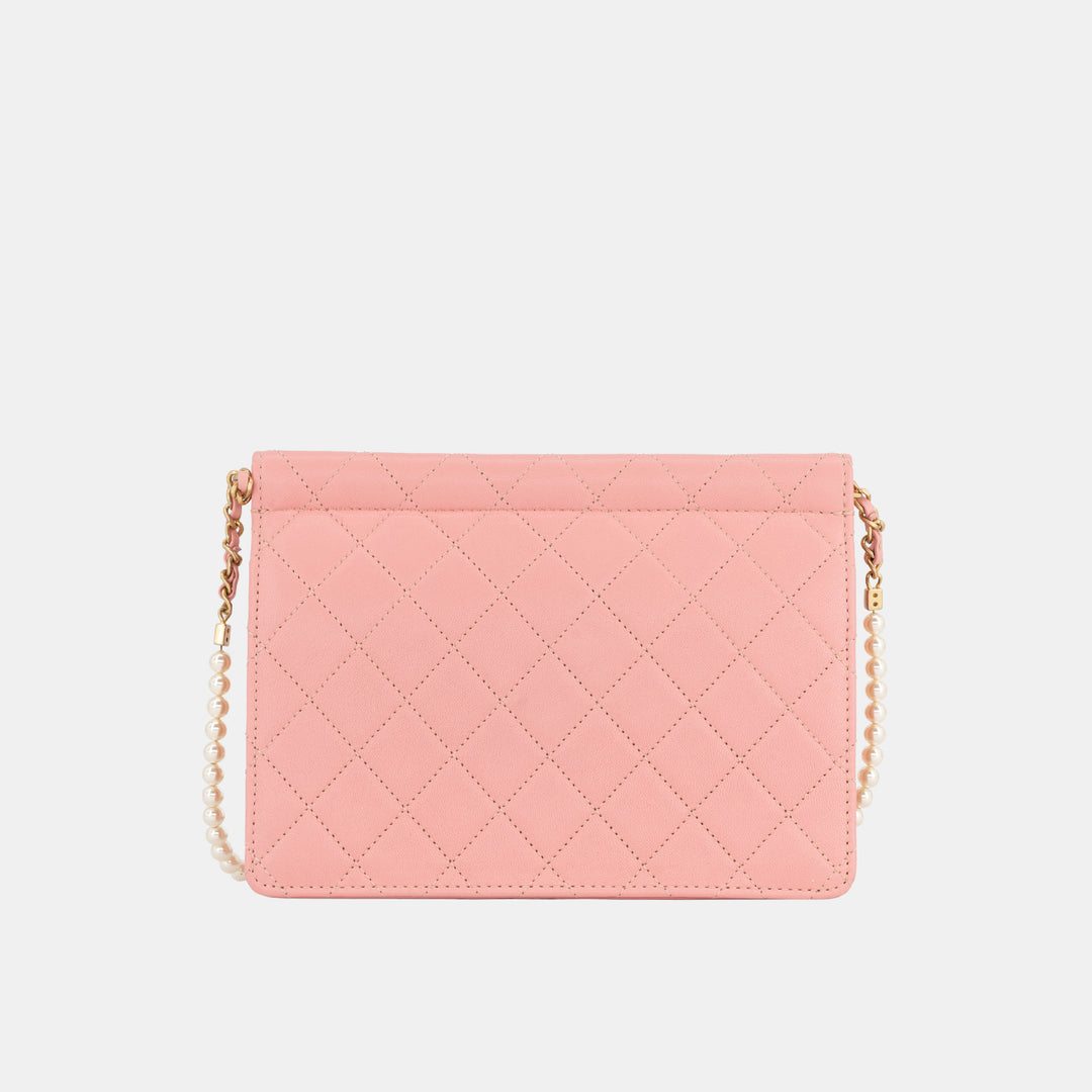 Chanel 2019 Lambskin Quilted Pearl Chain Flap Bag in Pink with Gold Hardware