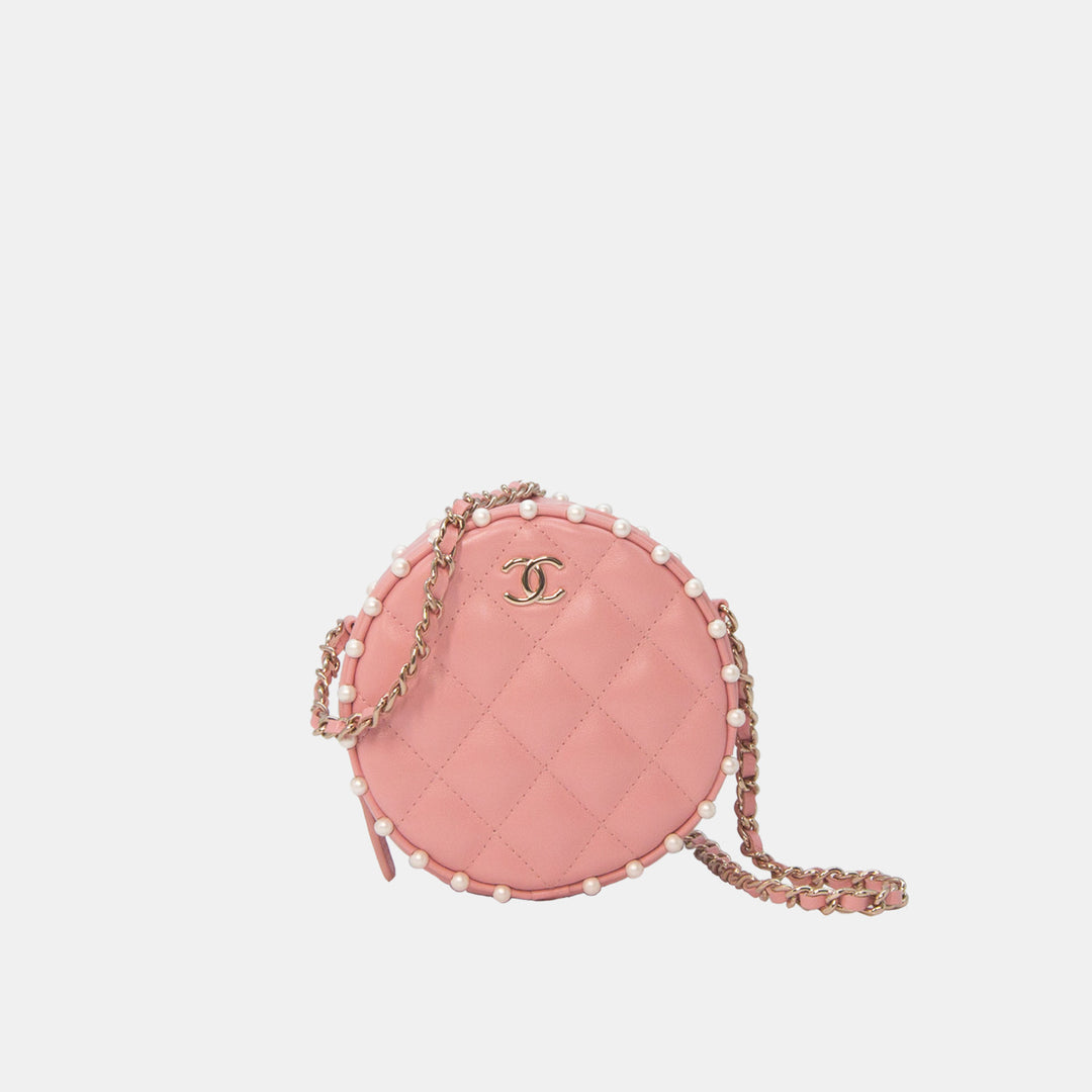 Chanel 2019 Pink Round Chain Clutch in Quilted Lambskin and Pearl Detailing with Gold Hardware