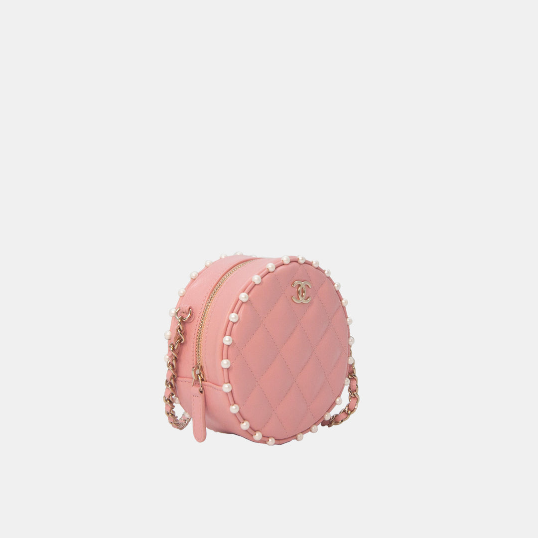 Chanel 2019 Pink Round Chain Clutch in Quilted Lambskin and Pearl Detailing with Gold Hardware