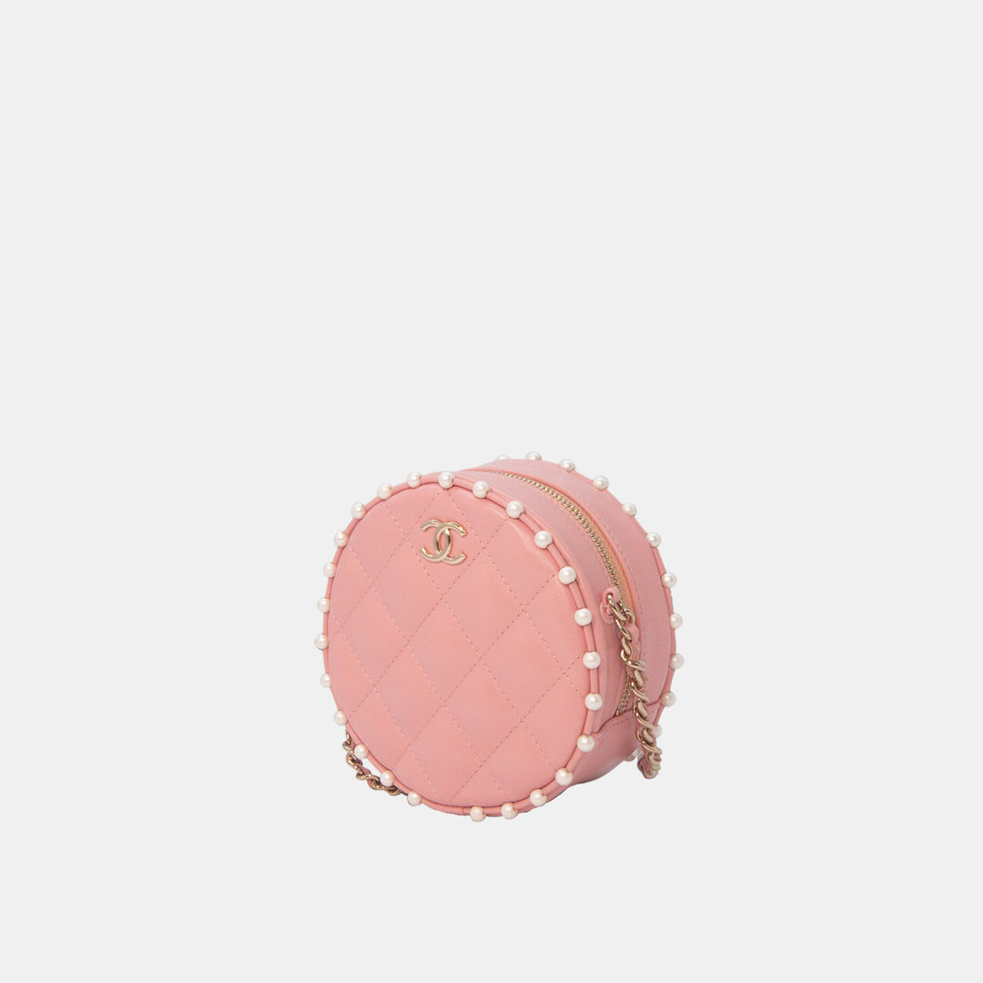 Chanel 2019 Pink Round Chain Clutch in Quilted Lambskin and Pearl Detailing with Gold Hardware