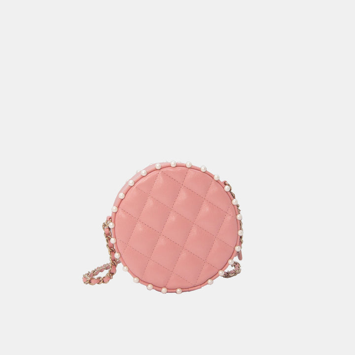 Chanel 2019 Pink Round Chain Clutch in Quilted Lambskin and Pearl Detailing with Gold Hardware