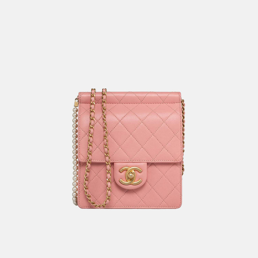 Chanel 2019 Pink Vertical Flap with Pearl Chain and Gold Hardware