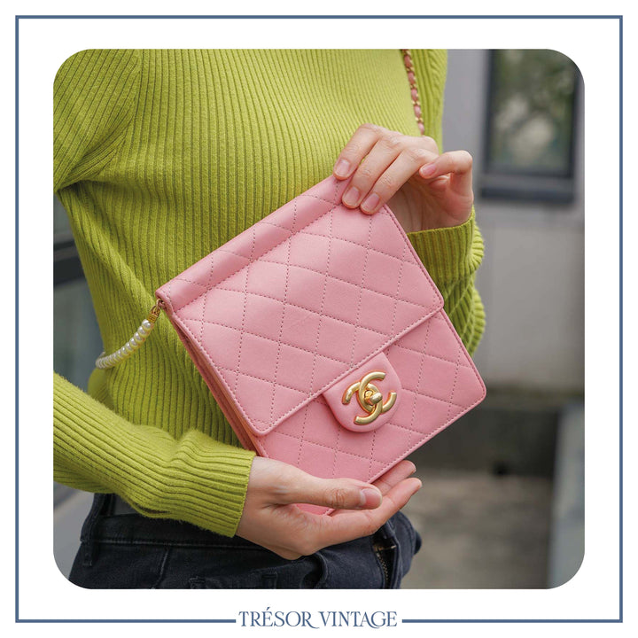 Chanel 2019 Pink Vertical Flap with Pearl Chain and Gold Hardware