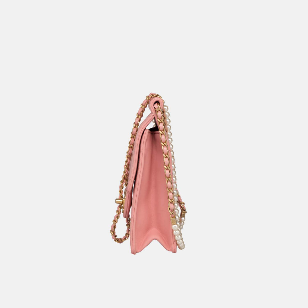 Chanel 2019 Pink Vertical Flap with Pearl Chain and Gold Hardware