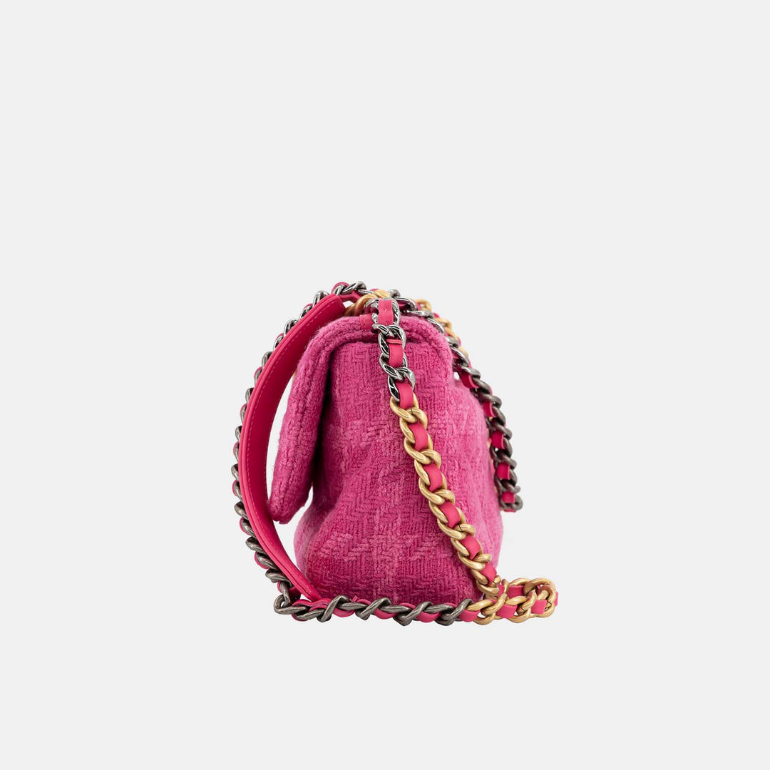 Chanel 2019 Tweed Quilted Medium 19 Flap Bag in Pink with Mixed Hardware