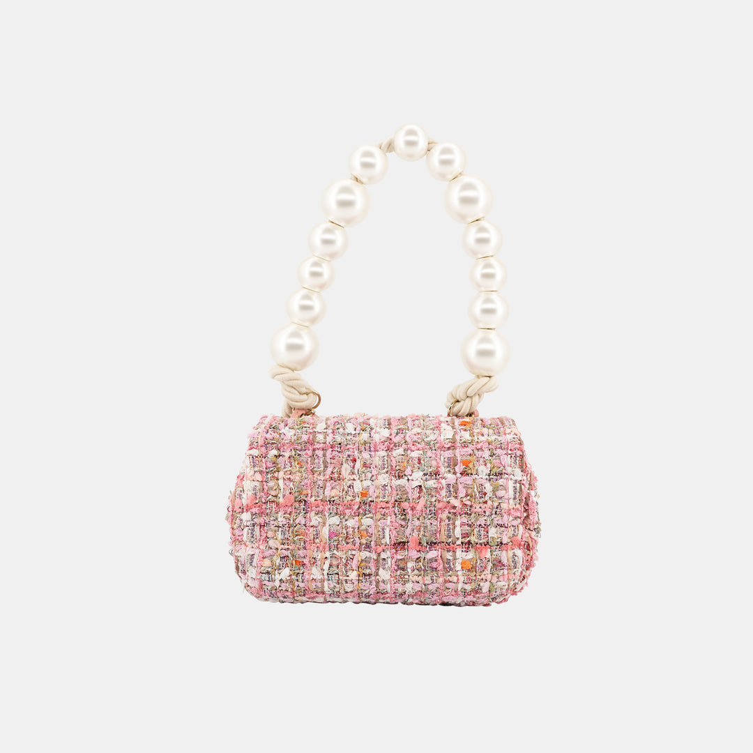 Back of the Chanel Pink Tweed and Pearls Classic Single Flap Bag. 