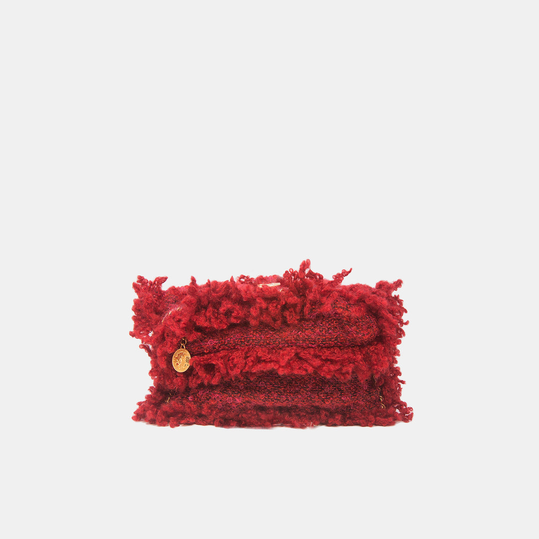 Chanel Red Tweed Fringed Clutch Bag with Gold Hardware