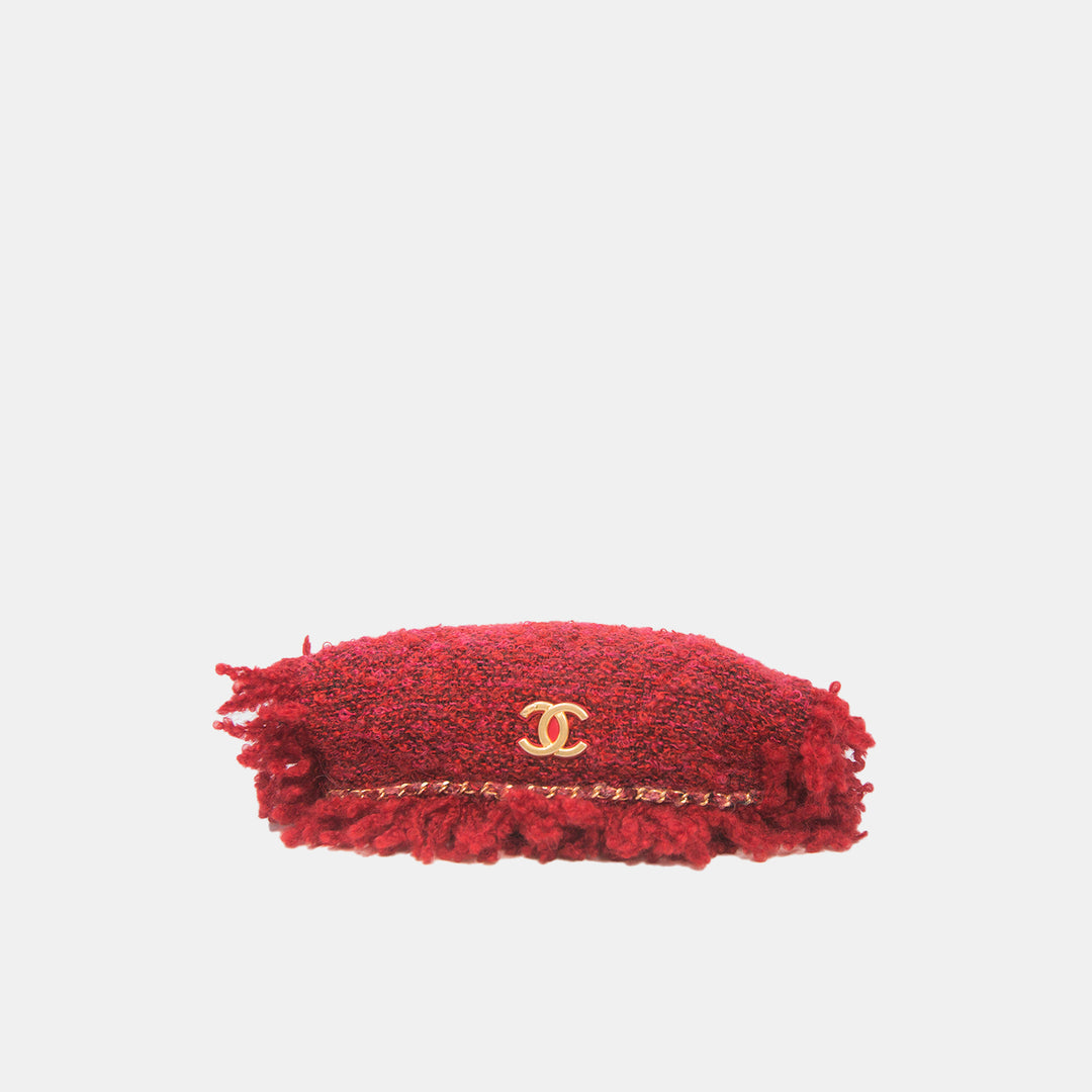 Chanel Red Tweed Fringed Clutch Bag with Gold Hardware