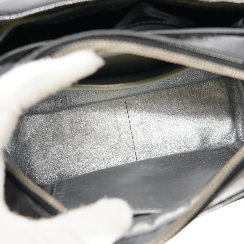 Faux Pearl Handle Artificial Patent Leather Satchel Bag