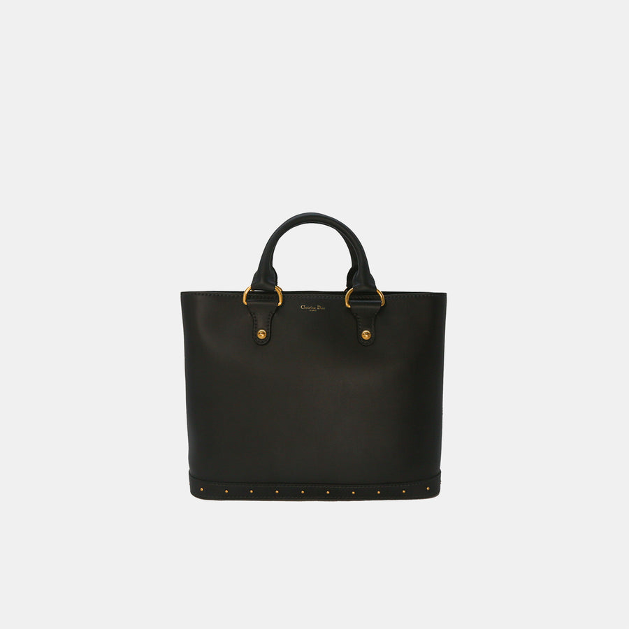 Front of the Dior Black Dior Avenue Leather Gold Studded Tote Bag.