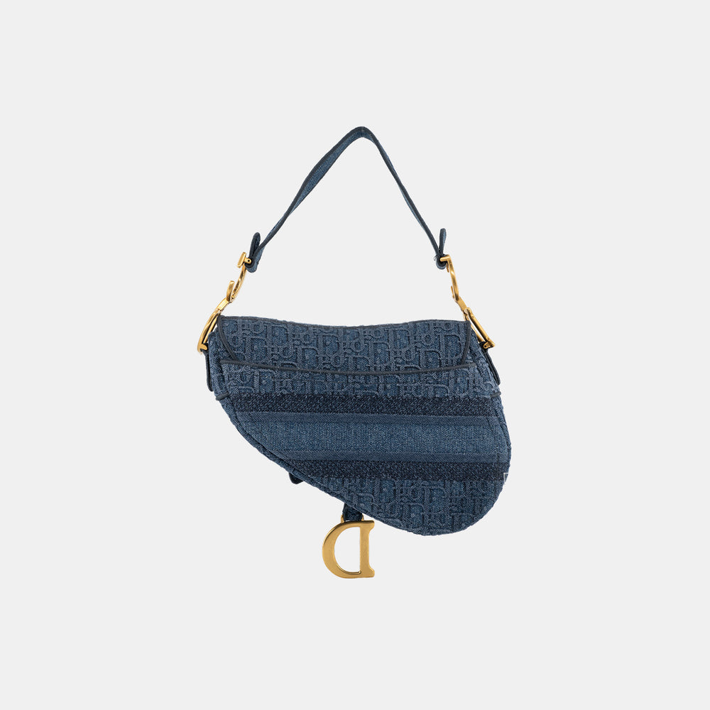 Dior Oblique Embroidered Denim Blue Saddle Bag