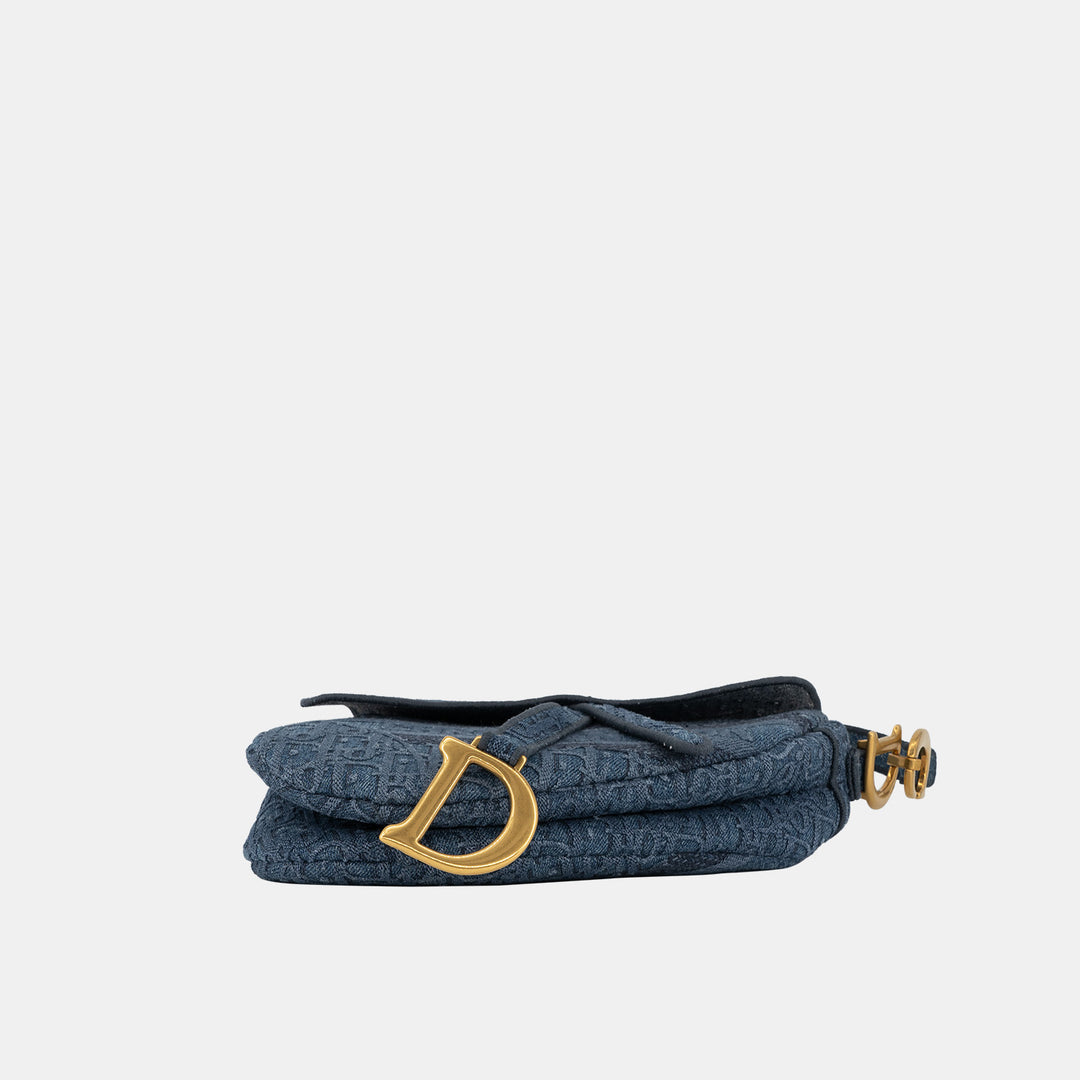 Dior Oblique Embroidered Denim Blue Saddle Bag