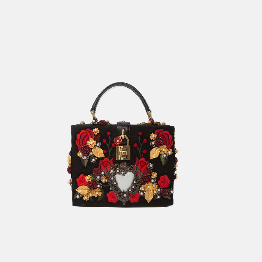 Dolce & Gabbana *Rare* Black Sacred Heart & Roses Embroidered Box Bag