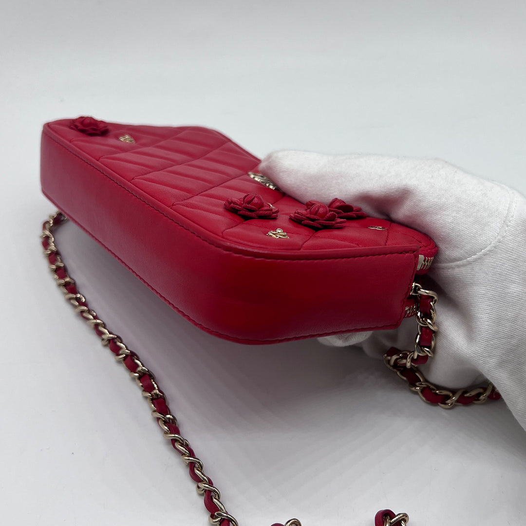 Chanel Small Red Camellia CC Charm Clutch With Chain