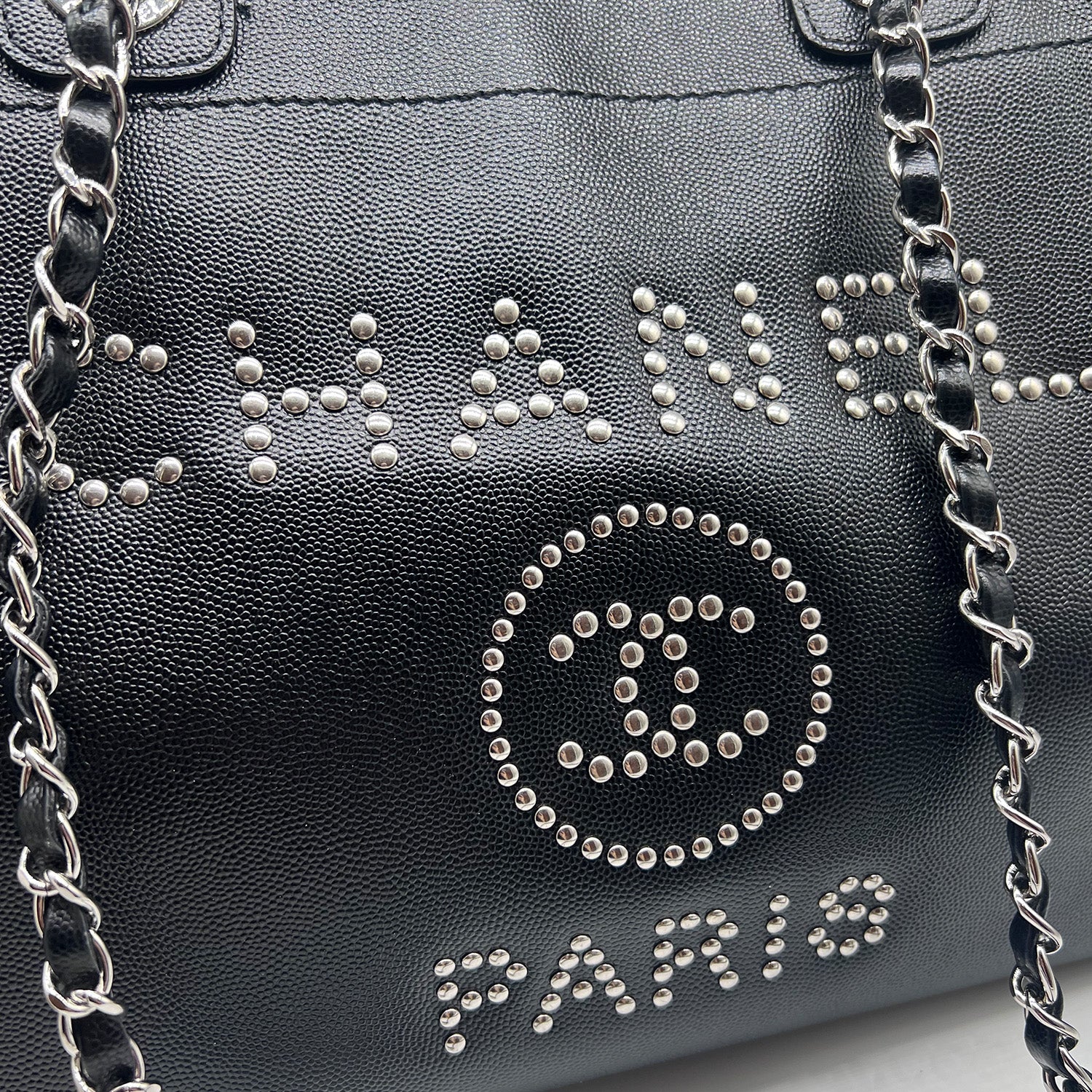 Chanel 2018 Caviar Studded Deauville Tote in Black with Sliver Hardware