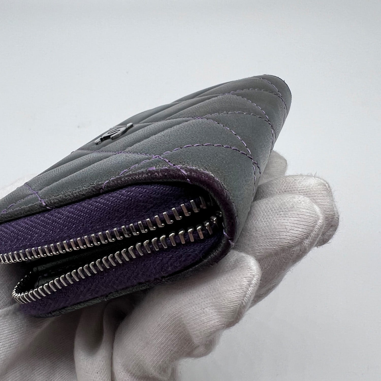 CHANEL Patent Quilted Brilliant Zip Around Wallet Purple 1173493