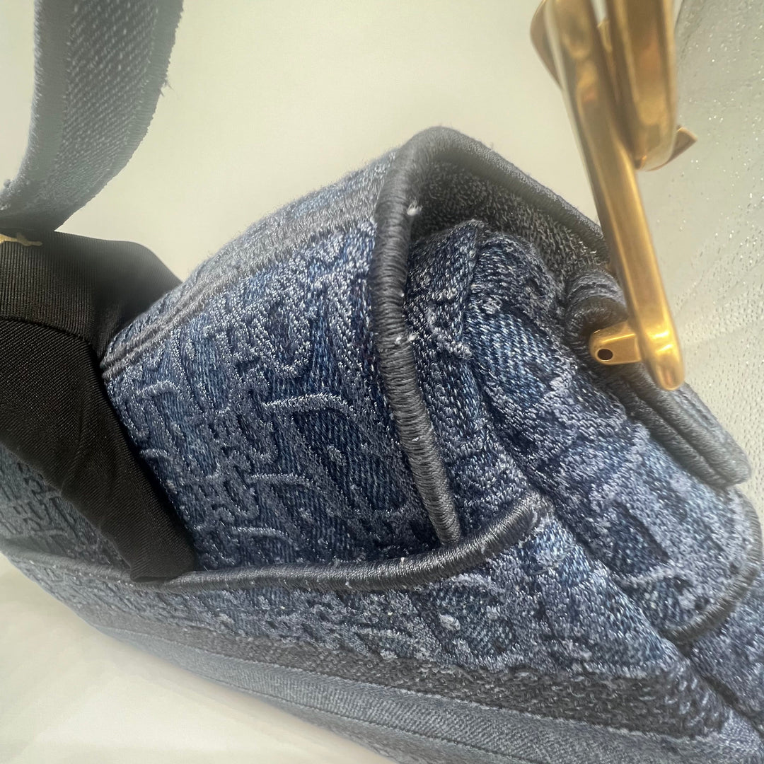 Dior Oblique Embroidered Denim Blue Saddle Bag