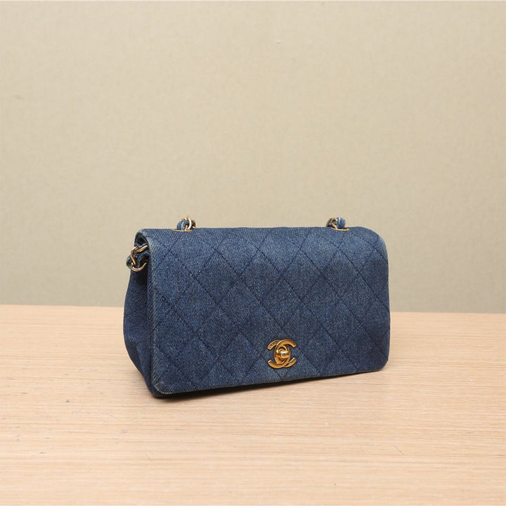 Chanel Vintage Blue Quilted Denim Mini Full Flap Gold Hardware