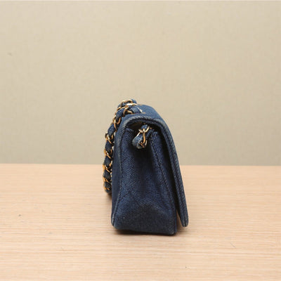 Chanel Vintage Blue Quilted Denim Mini Full Flap Gold Hardware