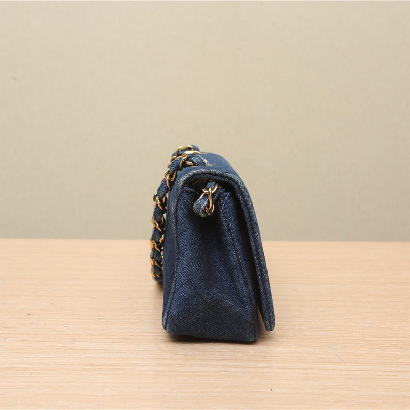 Chanel Vintage Blue Quilted Denim Mini Full Flap Gold Hardware