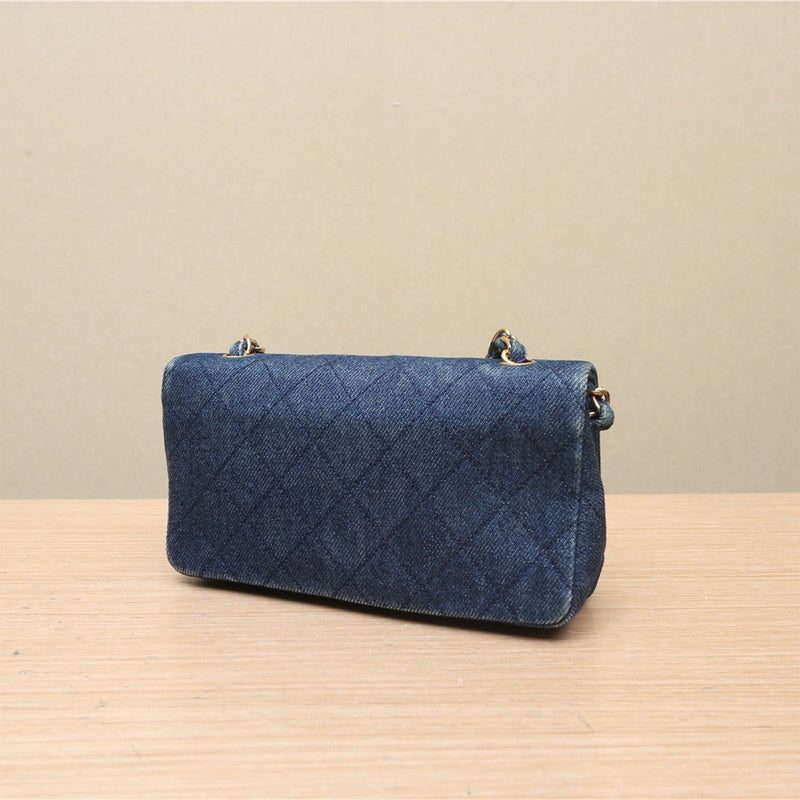 Chanel Vintage Blue Quilted Denim Mini Full Flap Gold Hardware