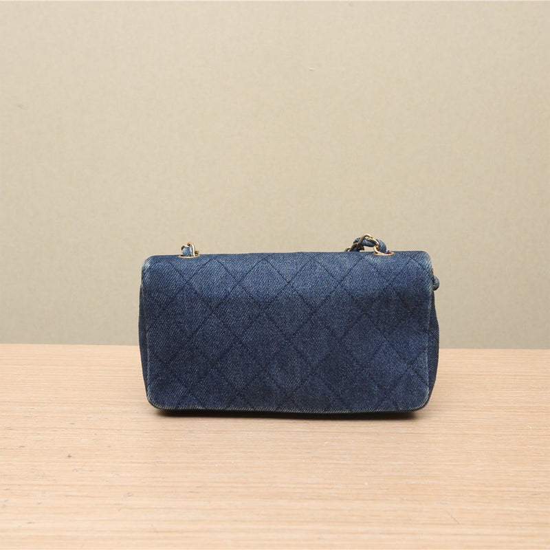 Chanel Vintage Blue Quilted Denim Mini Full Flap Gold Hardware