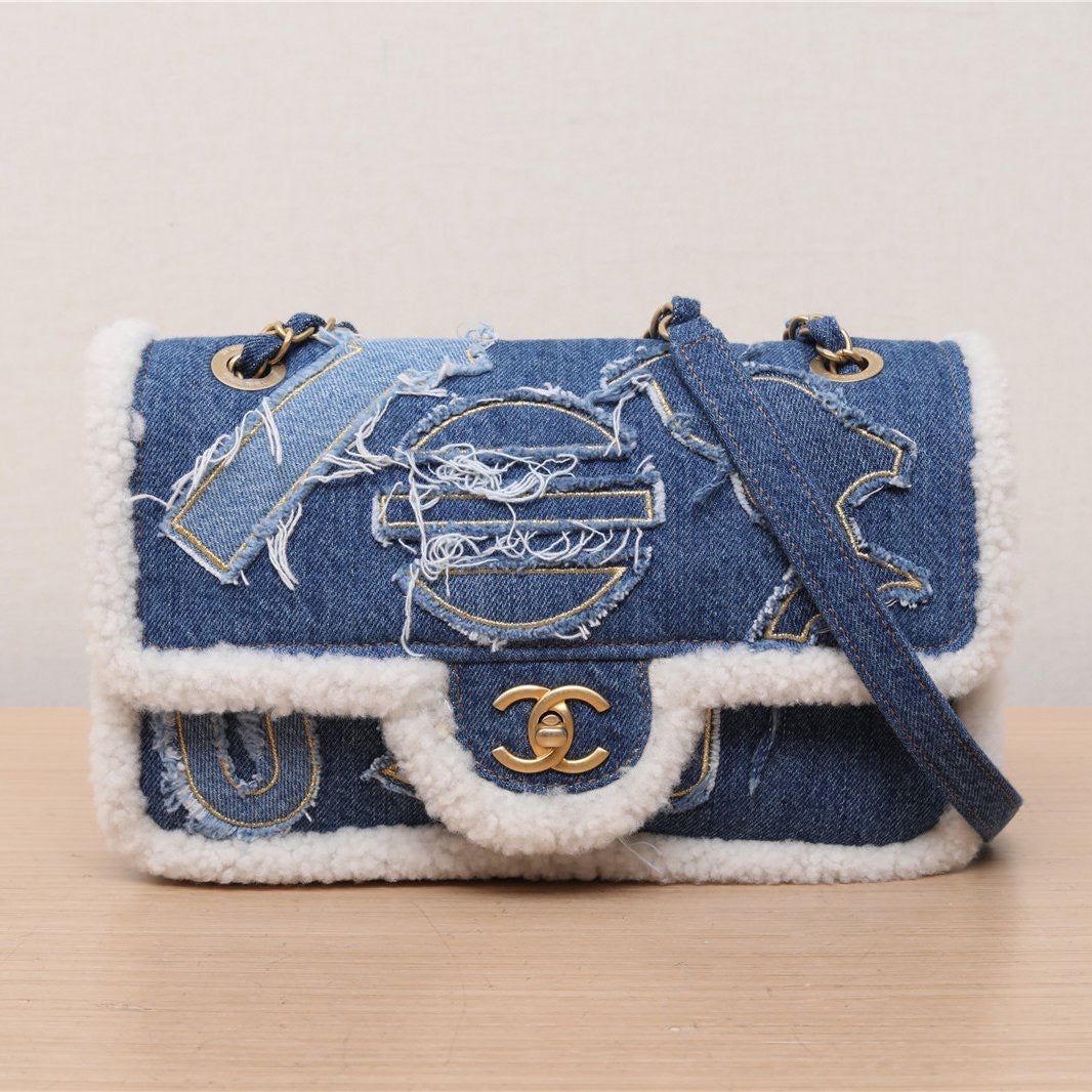 Chanel Blue Denim Shearling Hieroglyph Coco Tote For Sale at 1stDibs
