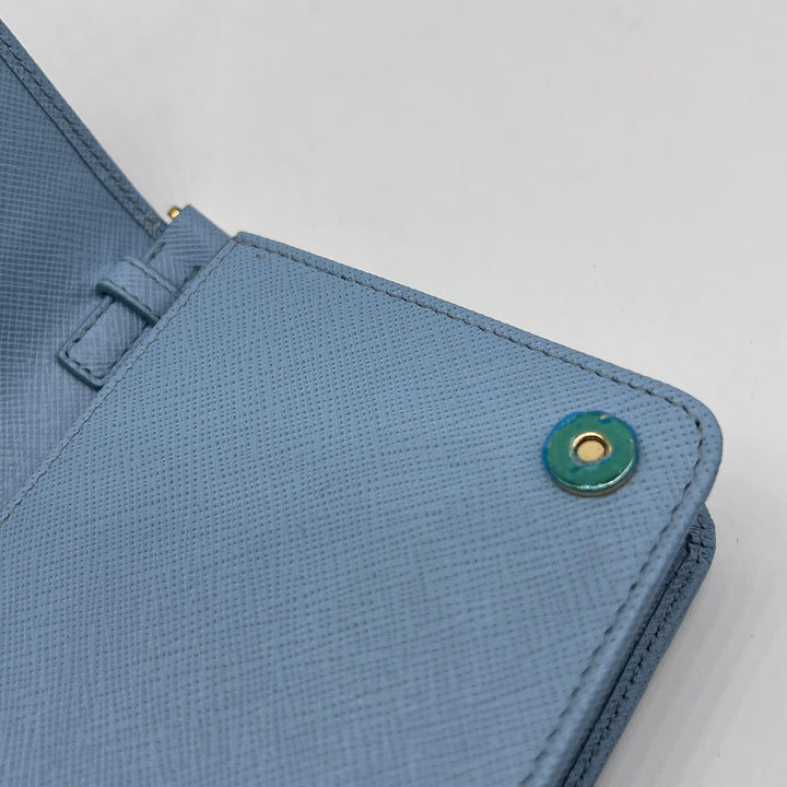 Prada Logo-plaque Blue Saffiano Leather Mini Bag With Gold Chain WOC