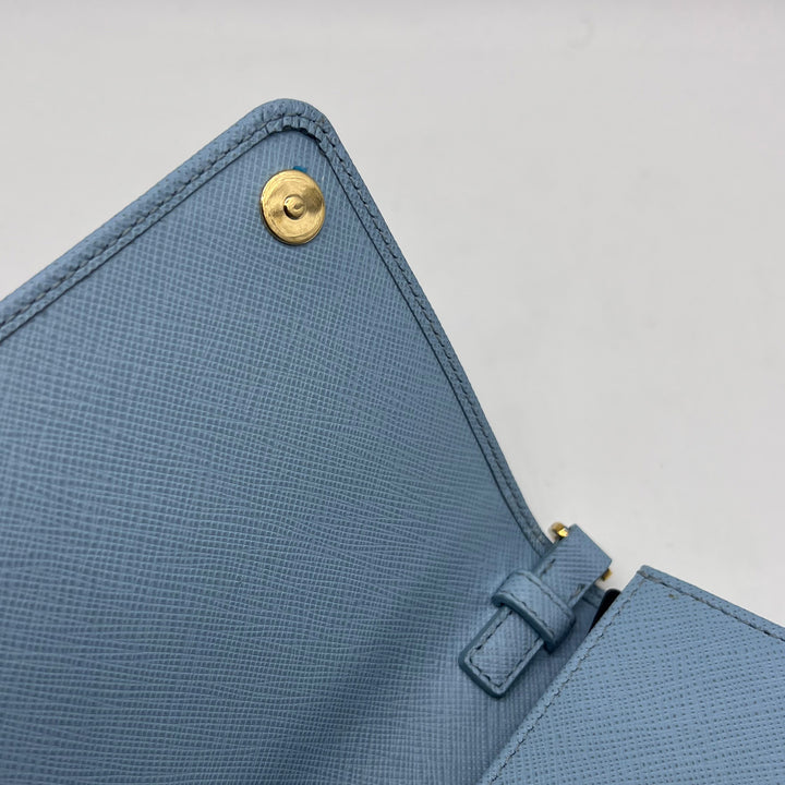 Prada Logo-plaque Blue Saffiano Leather Mini Bag With Gold Chain WOC