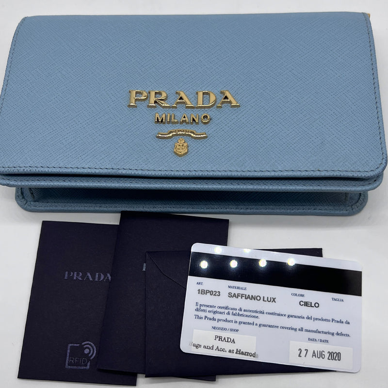 PRADA blue saffiano leather gold logo chain crossbody long wallet clutch  bag WOC