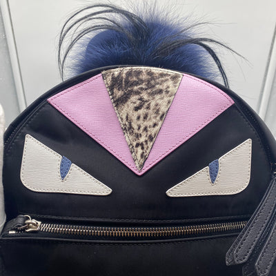 Fendi Monsters Fox-Fur Trim Twill Backpack In Black