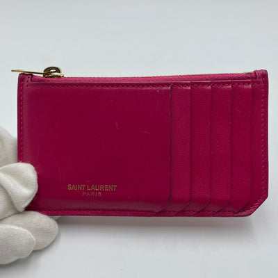 Yves Saint Laurent Fuchsia Grained Leather 5 Fragments Zip Card Case