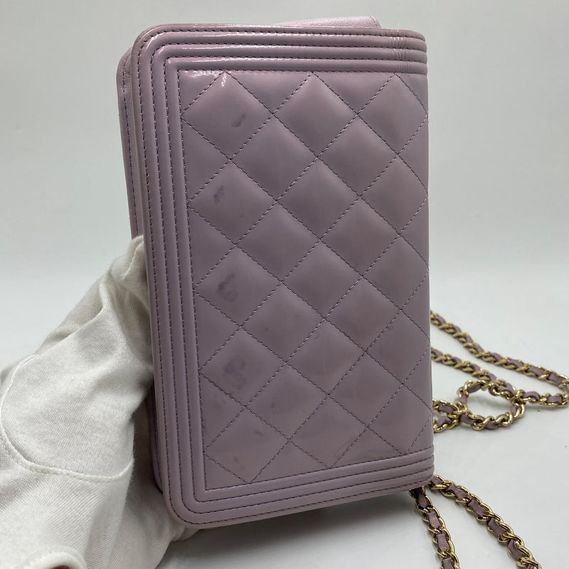 Chanel Boy Quilted Patent Wallet On Chain In Light Purple