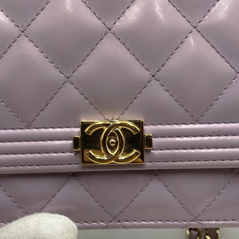 Chanel Boy Quilted Patent Wallet On Chain In Light Purple