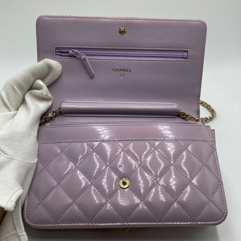 Chanel Boy Quilted Patent Wallet On Chain In Light Purple
